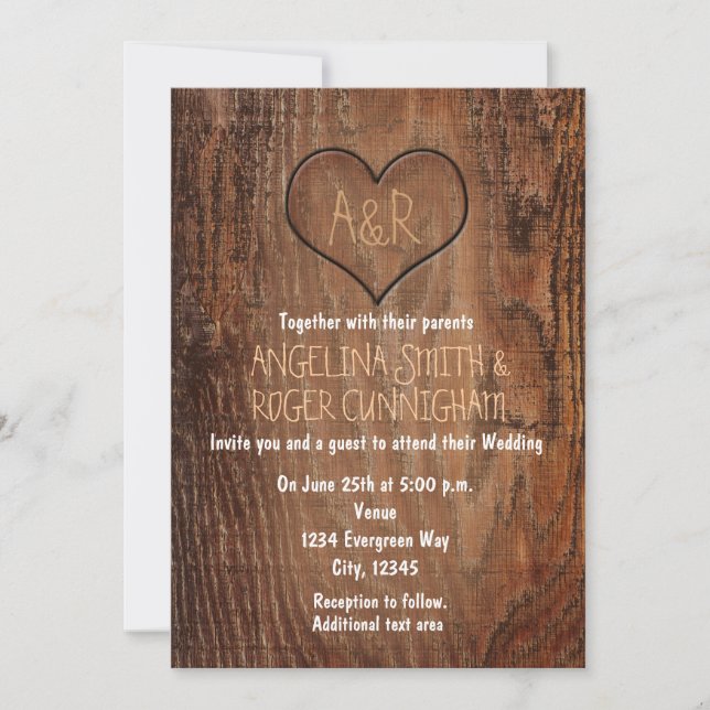 Wooden Tree Carved Heart Rustic Wedding Invitation (Front)
