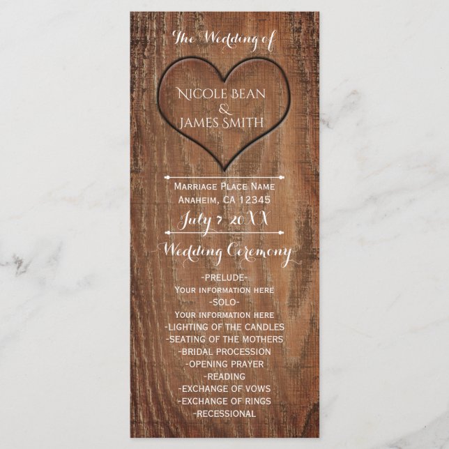 Wooden Tree Carved in Heart Rustic Wedding Program Programme (Front)
