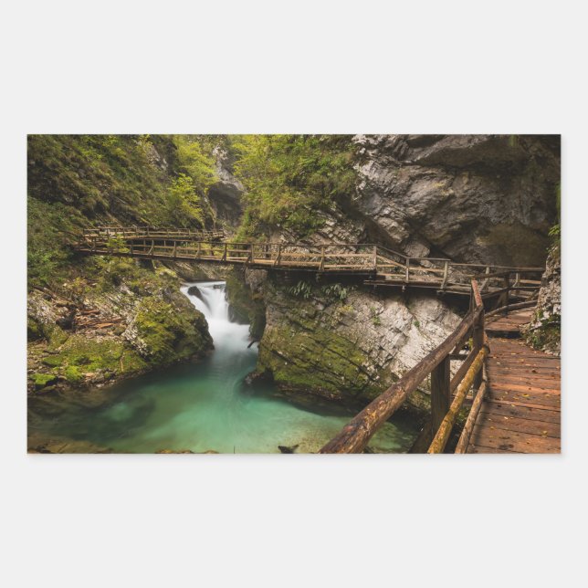 Wooden walkway through Vintgar Gorge canyon Rectangular Sticker (Front)