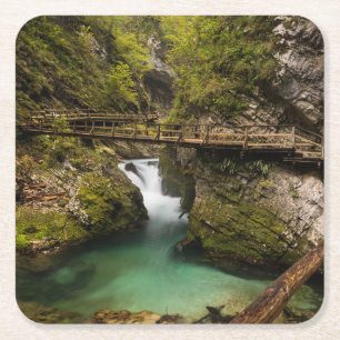 Wooden walkway through Vintgar Gorge canyon Square Paper Coaster