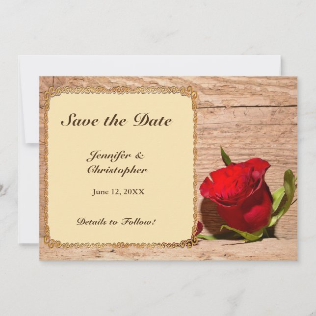 Wooden Wall & Red Rose Save the Date Card (Front)