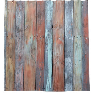 Wooden wall texture, old painted multicolored wood shower curtain