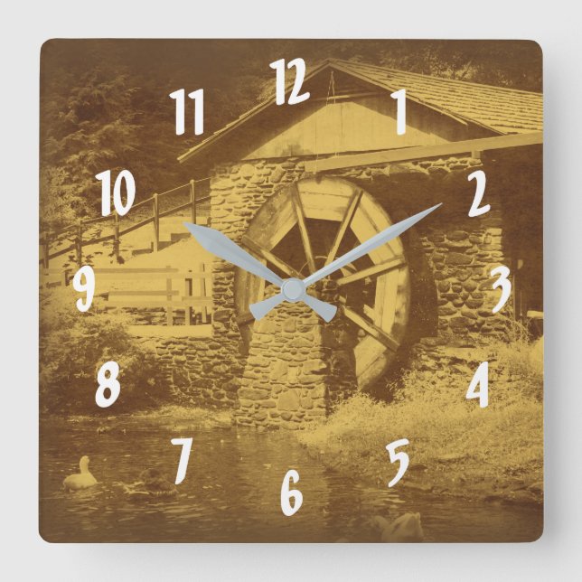 Wooden Water Wheel And Duck Pond Vintage Square Wall Clock (Front)