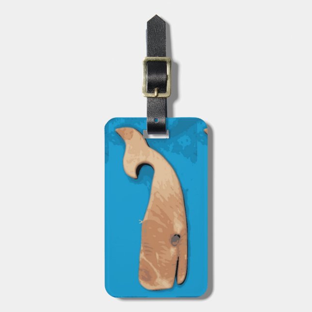 wooden whale blue luggage tag (Front Vertical)