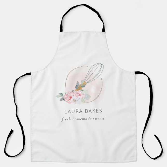 Wooden Whisk Blush Watercolor Floral Chef Logo Apron (Front)