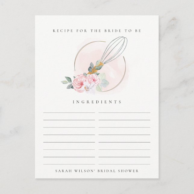 Wooden Whisk Floral Recipe Request Bridal Shower Postcard (Front)