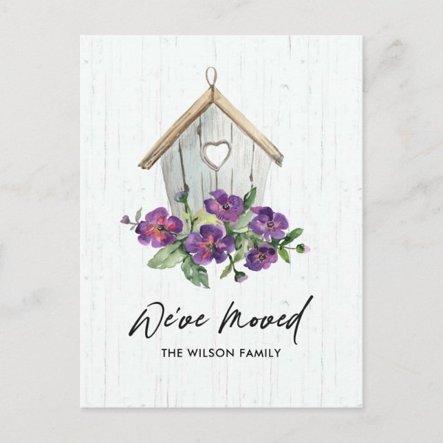 WOODEN WHITE FLORAL BIRD HOUSE MOVING NEW ADDRESS ANNOUNCEMENT POSTCARD (Front)