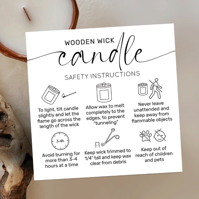 Wooden Wick Candle Care Thank You Card Elegant (Wooden wick candle care instructions cards with icons, elegant script font and minimalist aesthetic)
