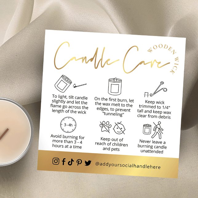 Wooden Wick Candle Gold Script Logo Lux Care Card (Elegant and chic wooden wick care cards with faux gold effects & space for your logo)