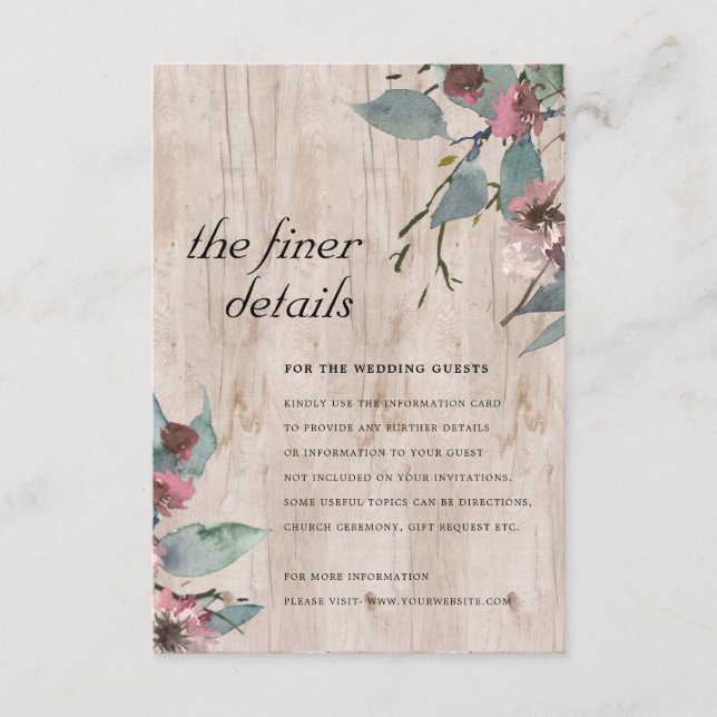 Wooden Wild Pink Eucalyptus Floral Wedding Detail Enclosure Card (Front)