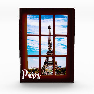 Wooden window with view on Eiffel tower, Paris Photo Block
