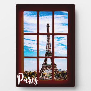 Wooden window with view on Eiffel tower, Paris Plaque