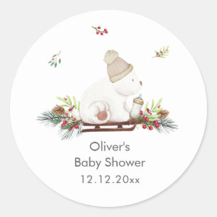 Wooden Winter Sleigh Polar Bear Baby Shower Classic Round Sticker