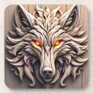 Wooden Wolf Art Carving with Geometric Patterns Coaster