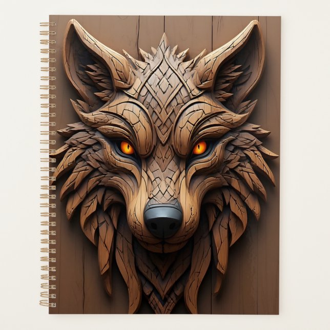 Wooden Wolf Art Carving with Geometric Patterns Planner (Front)