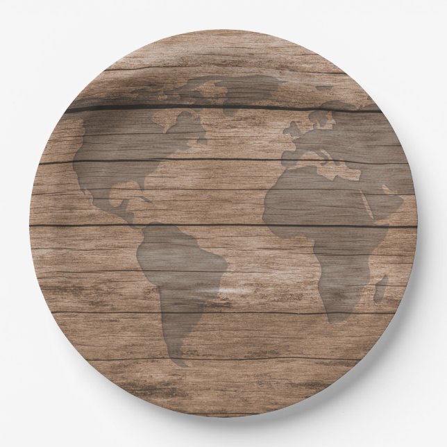 Wooden World Map Atlantic Disposable Paper Plates (Front)
