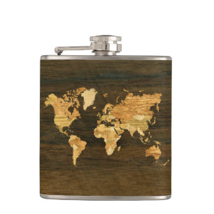 Wooden World Map Hip Flask