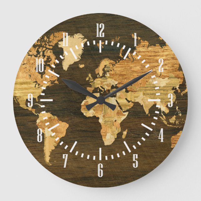 Wooden World Map Large Clock (Front)