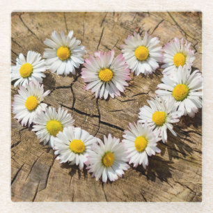 Woodgrain and Daisies Glass Coaster