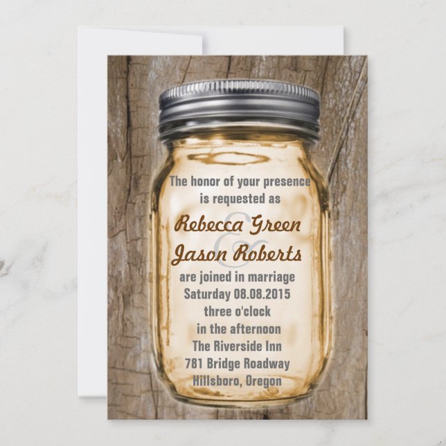woodgrain brown country rustic mason jar wedding invitation (Front)