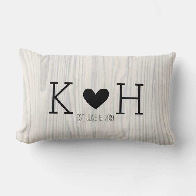Woodgrain Couple's Initials Personalised Wedding Lumbar Cushion (Front)