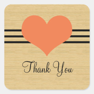Woodgrain Mod Heart Thank You Stickers, Orange Square Sticker