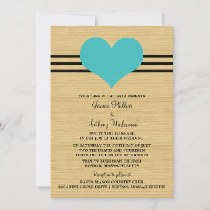 Woodgrain Mod Heart Wedding Invite, Aqua Invitation