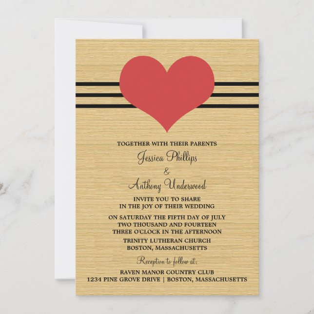 Woodgrain Mod Heart Wedding Invite, Red Invitation (Front)