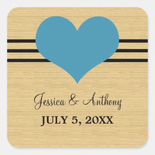 Woodgrain Mod Heart Wedding Stickers, Blue Square Sticker