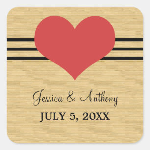 Woodgrain Mod Heart Wedding Stickers, Red Square Sticker