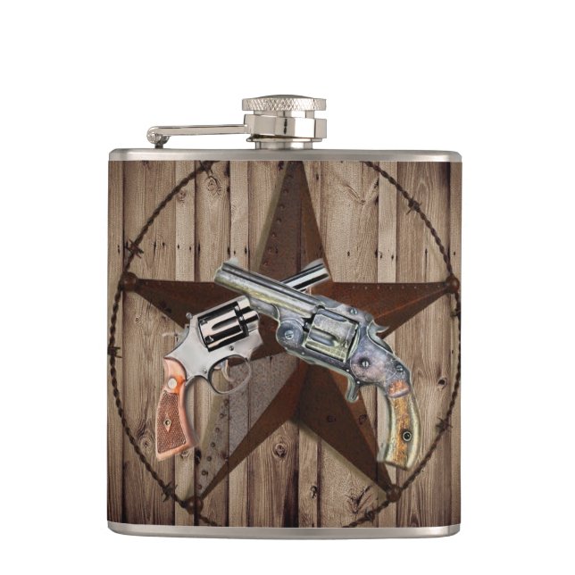 Woodgrain texas star cowboy western country pistol hip flask (Front)