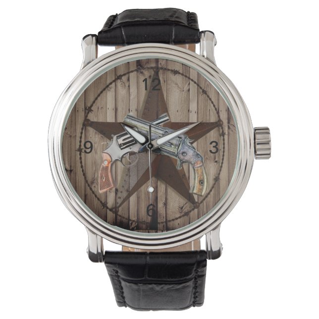 Woodgrain texas star cowboy western country pistol watch (Front)