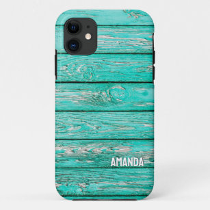 Woodgrain Turquoise Wooden Planks Custom Name Case-Mate iPhone Case