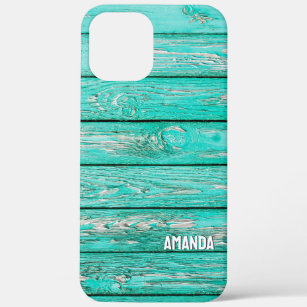 Woodgrain Turquoise Wooden Planks Custom Name iPhone 12 Pro Max Case