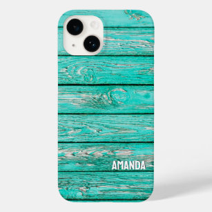 Woodgrain Turquoise Wooden Planks Custom Name Case-Mate iPhone 14 Case