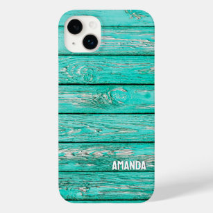 Woodgrain Turquoise Wooden Planks Custom Name Case-Mate iPhone 14 Plus Case