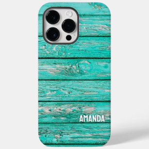 Woodgrain Turquoise Wooden Planks Custom Name Case-Mate iPhone 14 Pro Max Case
