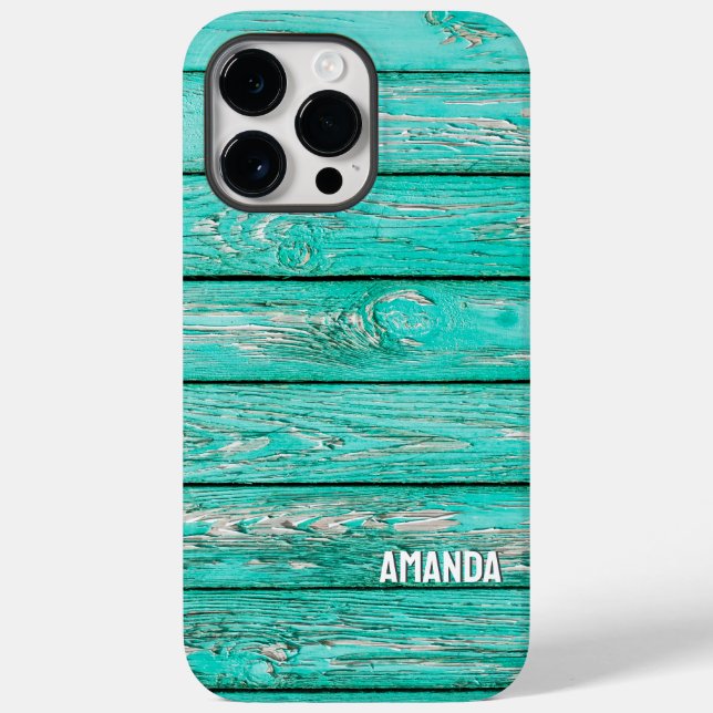 Woodgrain Turquoise Wooden Planks Custom Name Case-Mate iPhone Case (Back)