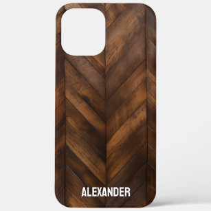 Woodgrain Varnished Wood Herringbone Custom Name iPhone 12 Pro Max Case