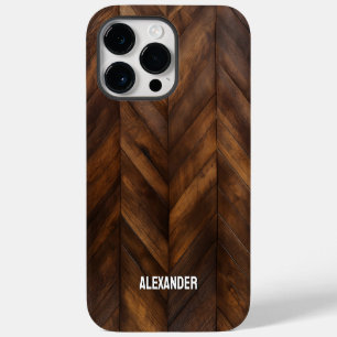 Woodgrain Varnished Wood Herringbone Custom Name iPhone 14 Pro Max Case