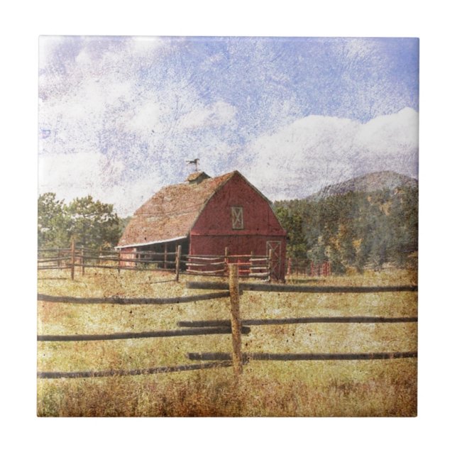 Woodgrain Western Country Farm Primitive Red Barn Tile (Front)