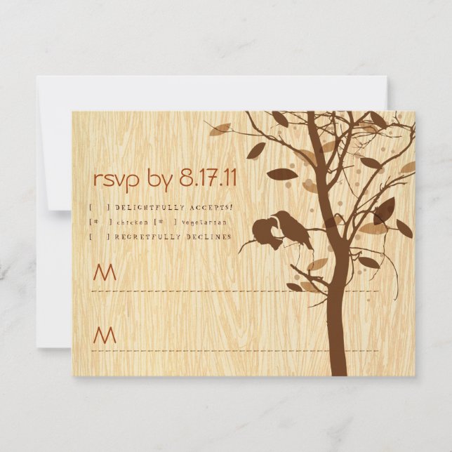 Woodgrain with Brown Love Birds RSVP Card (Front)