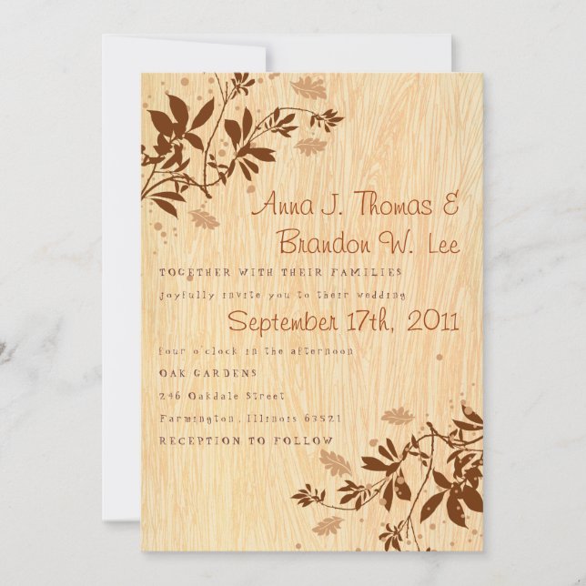 Woodgrain with Leaves Wedding Invitation (Front)