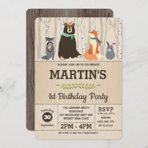 Woodland 1st Birthday Baby Animals Forest Party Invitation