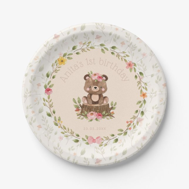 Woodland 1st Birthday Girl Cute Bear Forest Floral Paper Plate (Front)