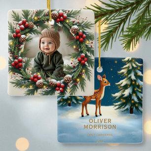 Woodland 1st First Christmas Baby Photo Ceramic Ornament