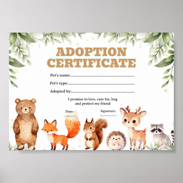 Woodland adopt a pet colouring certificate poster (Front)