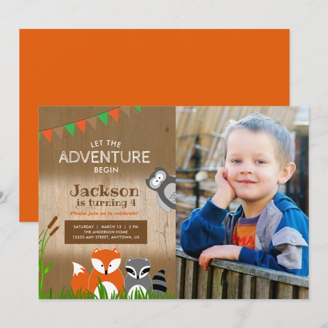Woodland Adventure Animals | Photo Birthday Party Invitation (Front/Back)