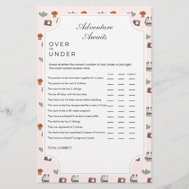 Woodland Adventure Awaits Camping Baby Shower Game (Front)