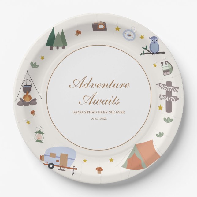 Woodland Adventure Awaits Camping Baby Shower Paper Plate (Front)